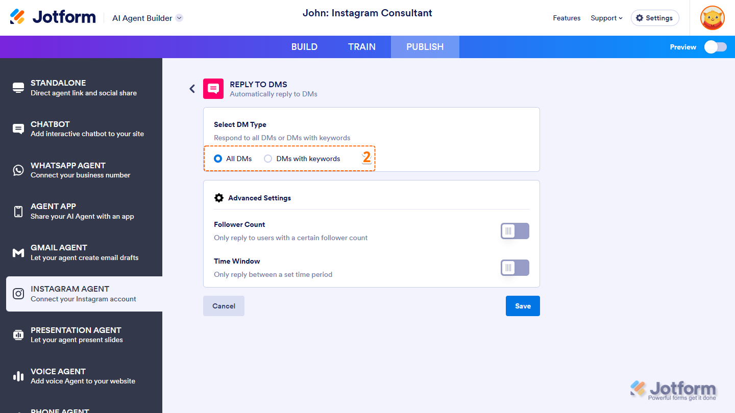 Choosing between All DMs or DMs with Specific Keywords in Instagram Agent in Jotform