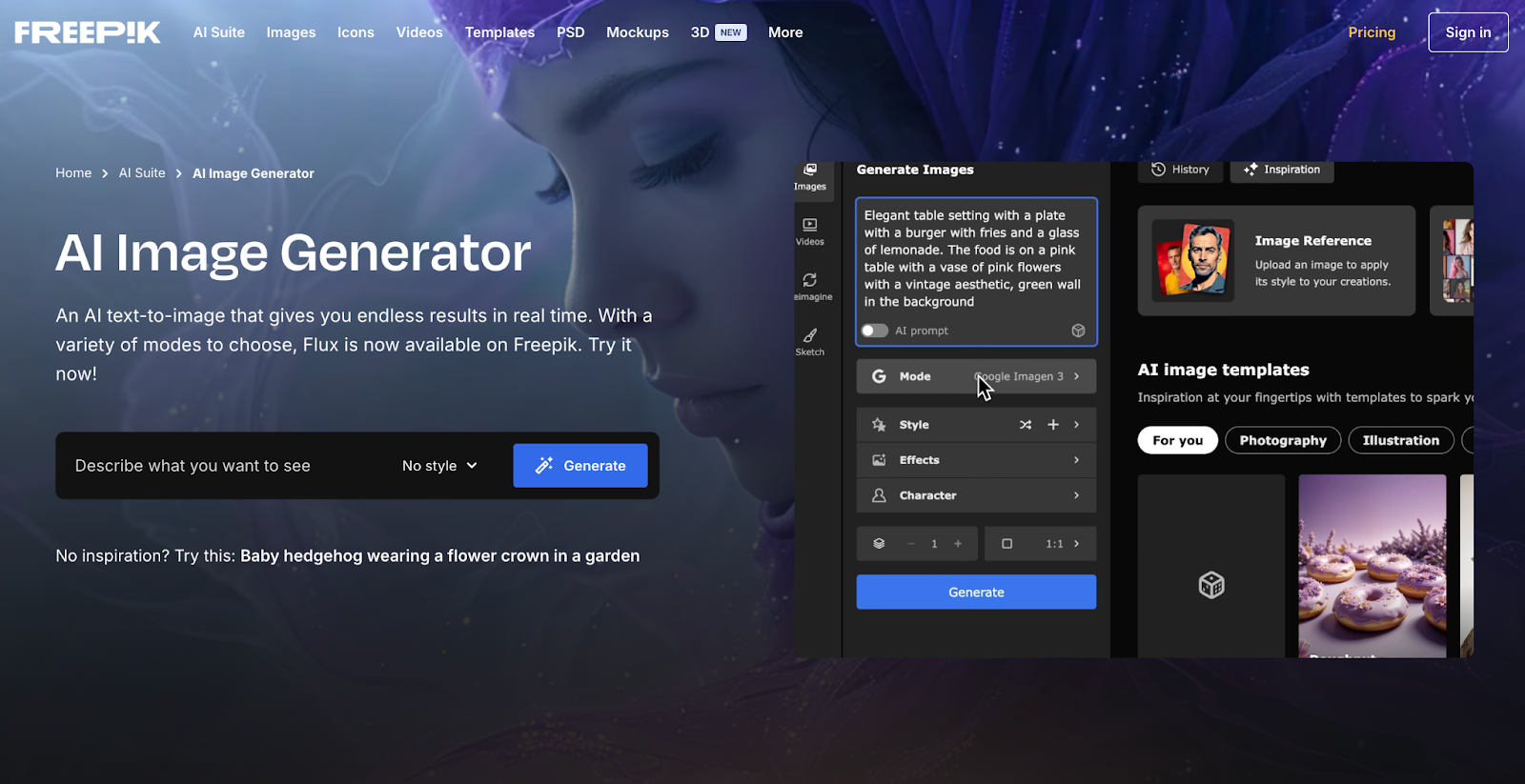 Captura de tela do site do Freepik mostrando o AI Image Generator, com a interface de criação de imagens, campo de prompt e opções de personalização ao lado