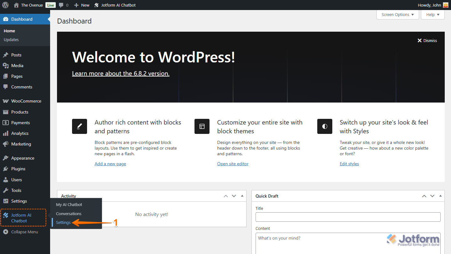 Settings option of the Jotform AI Chatbot Plugin in the WordPress Dashboard left side menu