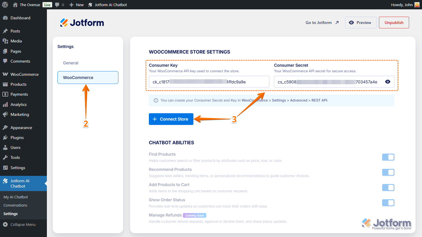 Consumer Key and Consumer Secret fields in the WooCommerce Store Settings section of the Jotform AI Chatbot Plugin in WordPress Dashboard