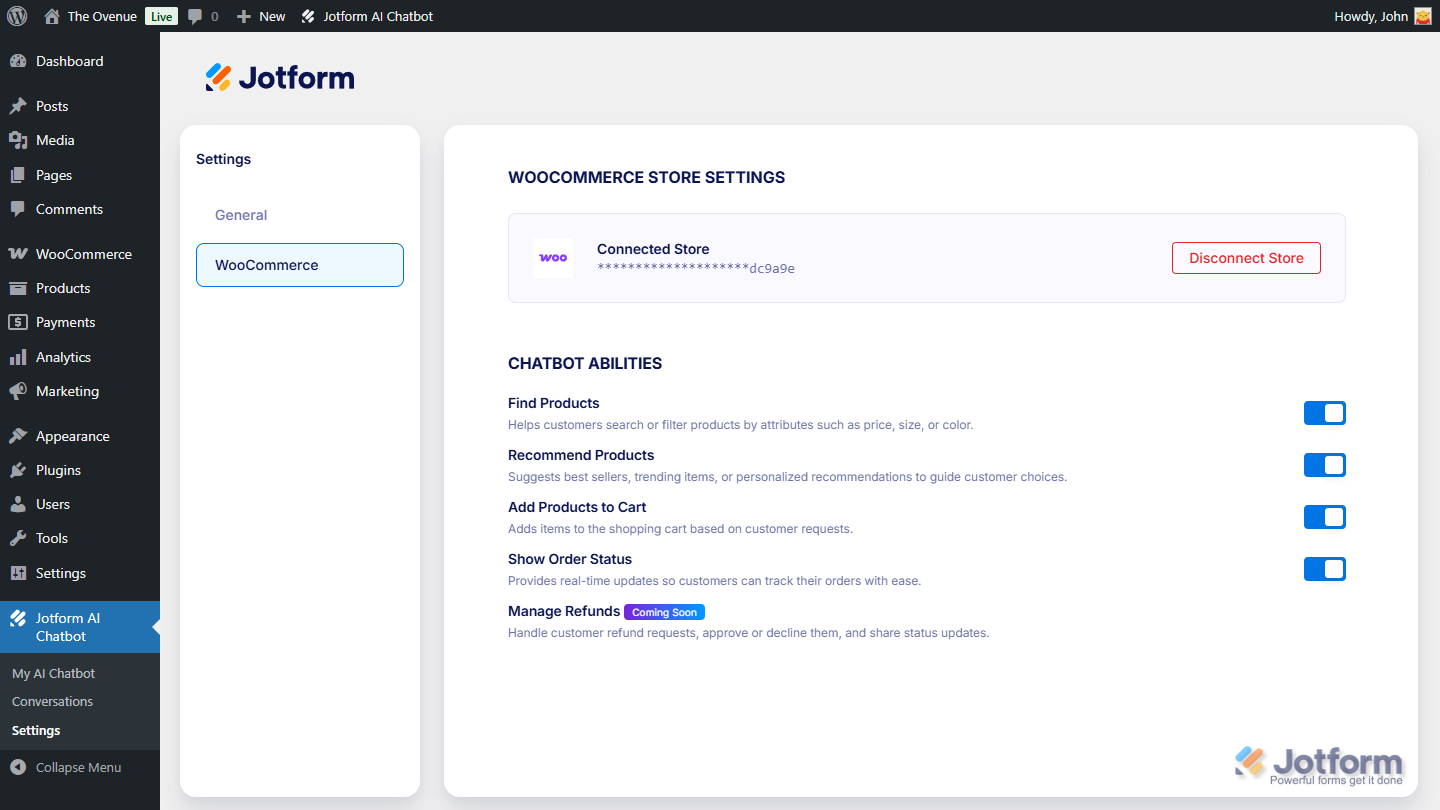 Connected Store in the WooCommerce Store Settings section of the Jotform AI Chatbot Plugin in WordPress Dashboard