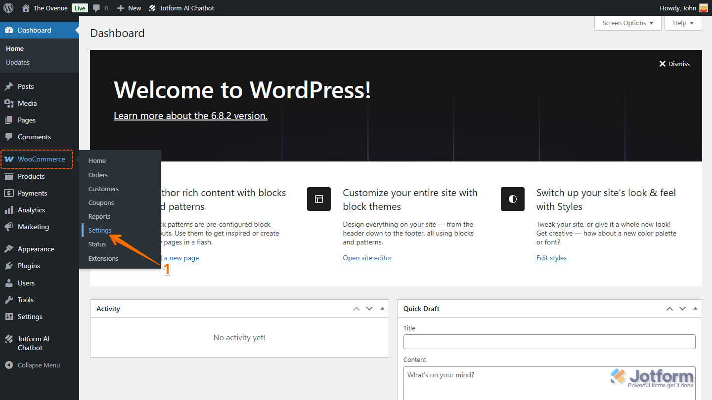 Settings option of the WooCommerce Plugin in the WordPress Dashboard left side menu