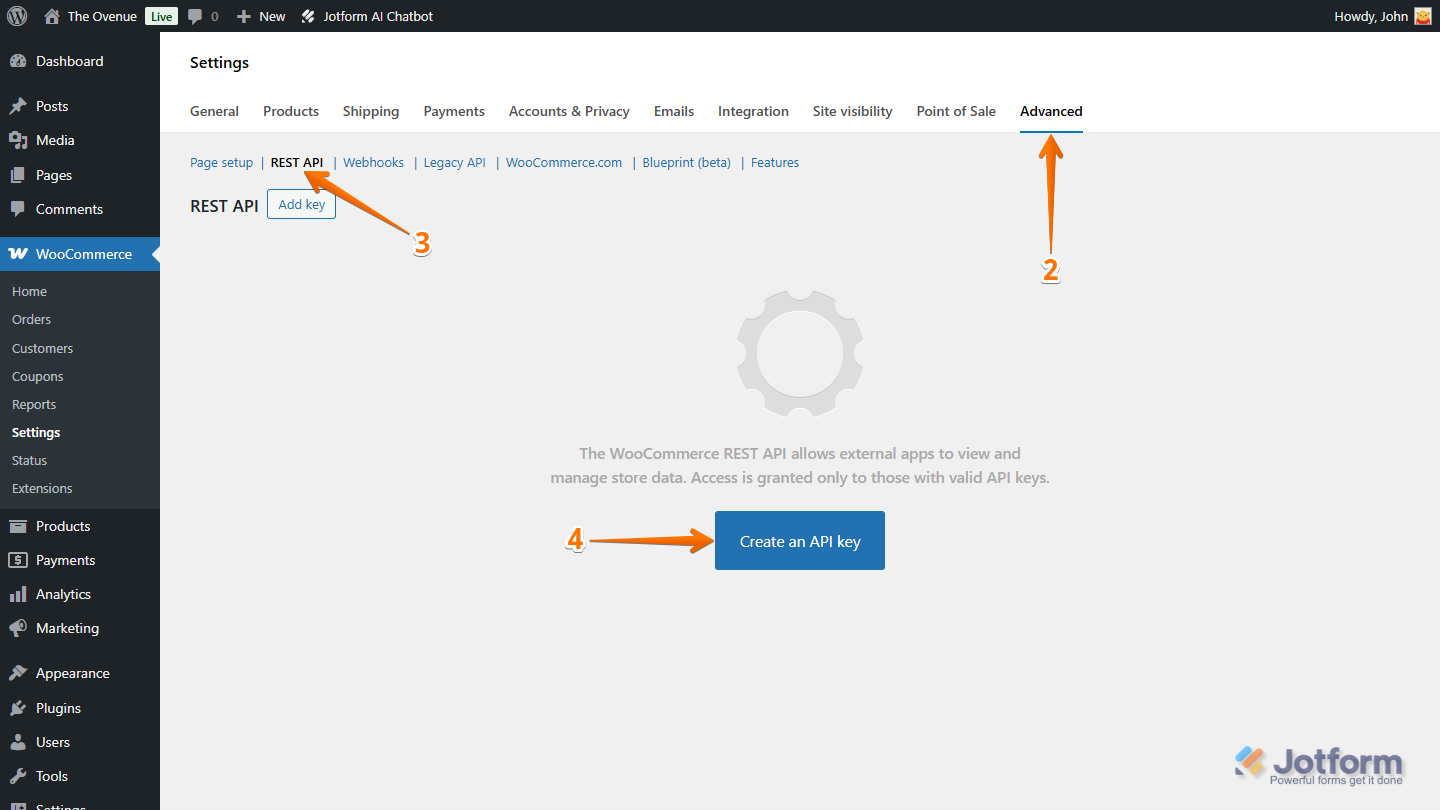 Create an API Key button under the Rest API tab of the Advanced Settings section in the WooCommerce Plugin on the WordPress Dashboard
