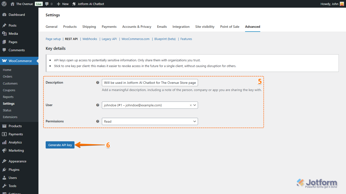Generate API Key button under the Rest API tab of the Advanced Settings section in the WooCommerce Plugin on the WordPress Dashboard