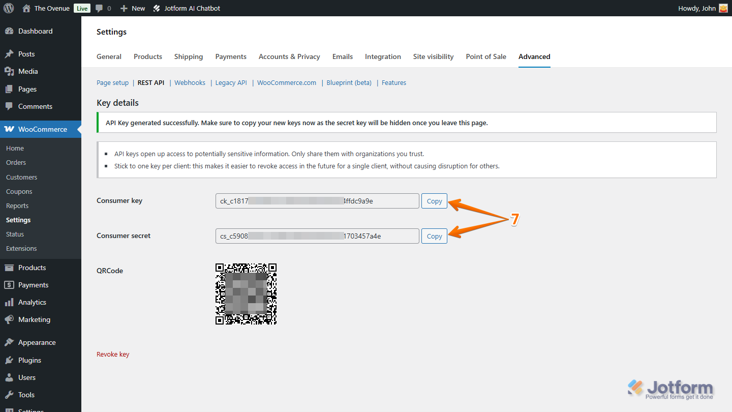 Copy buttons of the Consumer Key and Consumer Secret under the Rest API tab of the Advanced Settings section in the WooCommerce Plugin on the WordPress Dashboard