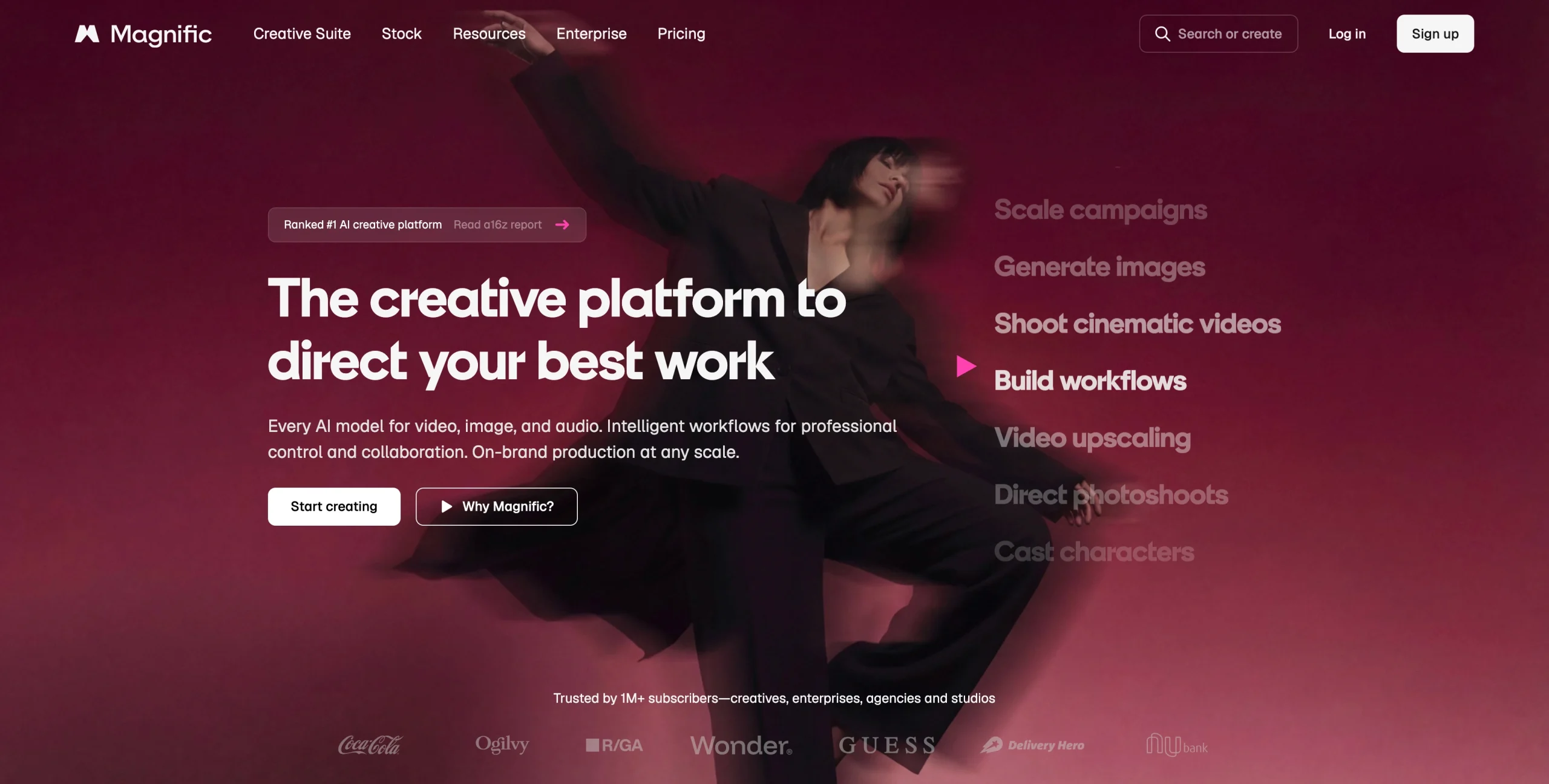 Screenshot of the Magnific landing page, showing a headline "The creative platform to direct your best work"