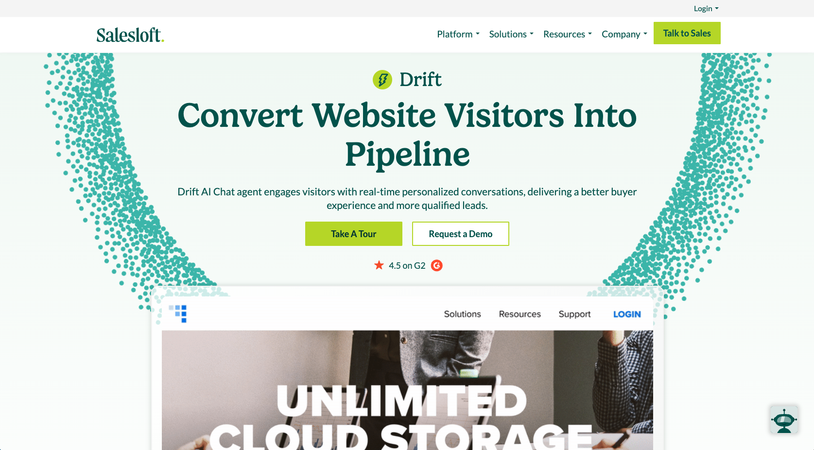 Screenshot of Drift's landing page, showing a headline "Convert Website Visitors Into Pipeline"