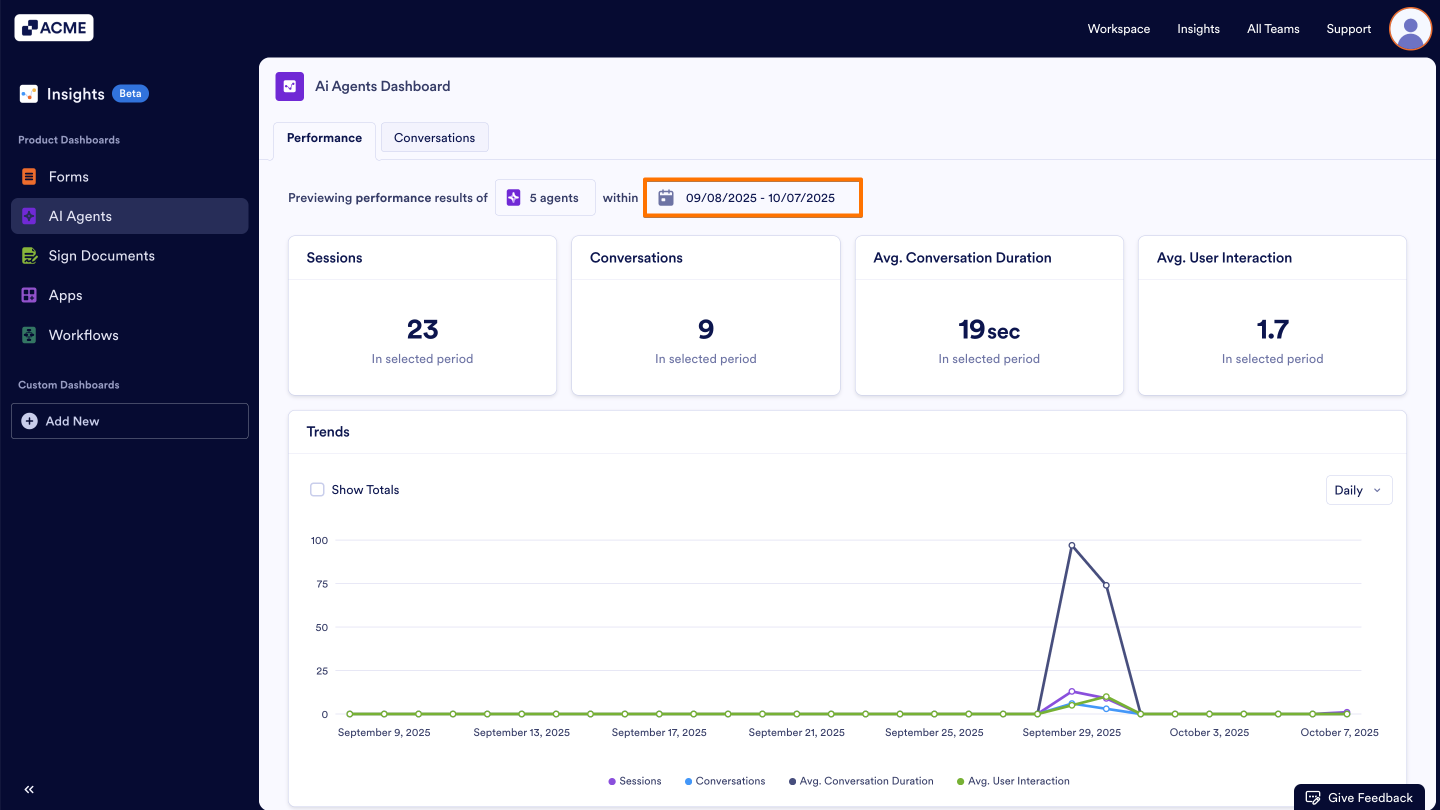 How to Filter and View AI Agent Metrics in a Specific Date Range in Insights? Image-3