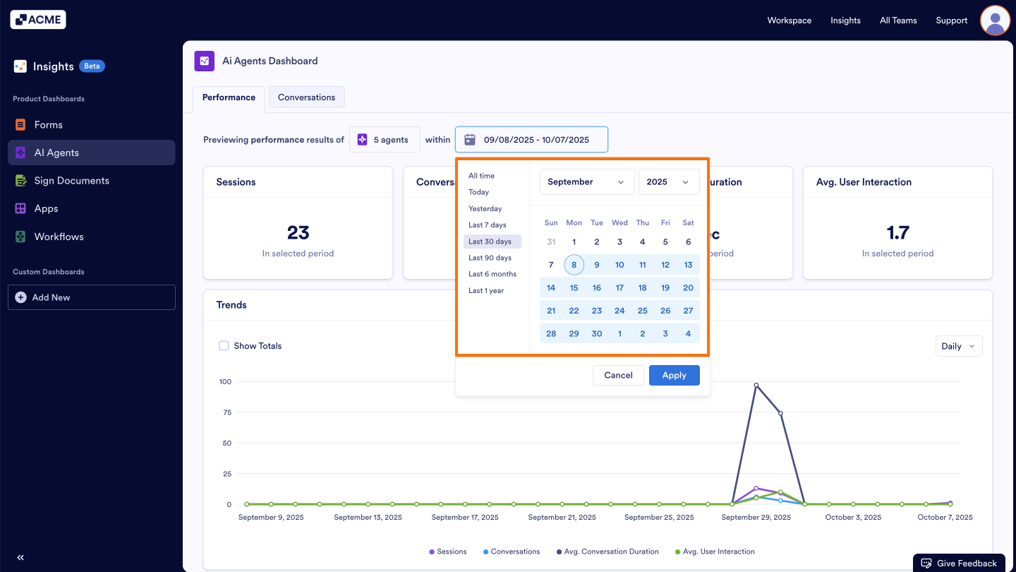 How to Filter and View AI Agent Metrics in a Specific Date Range in Insights? Image-4