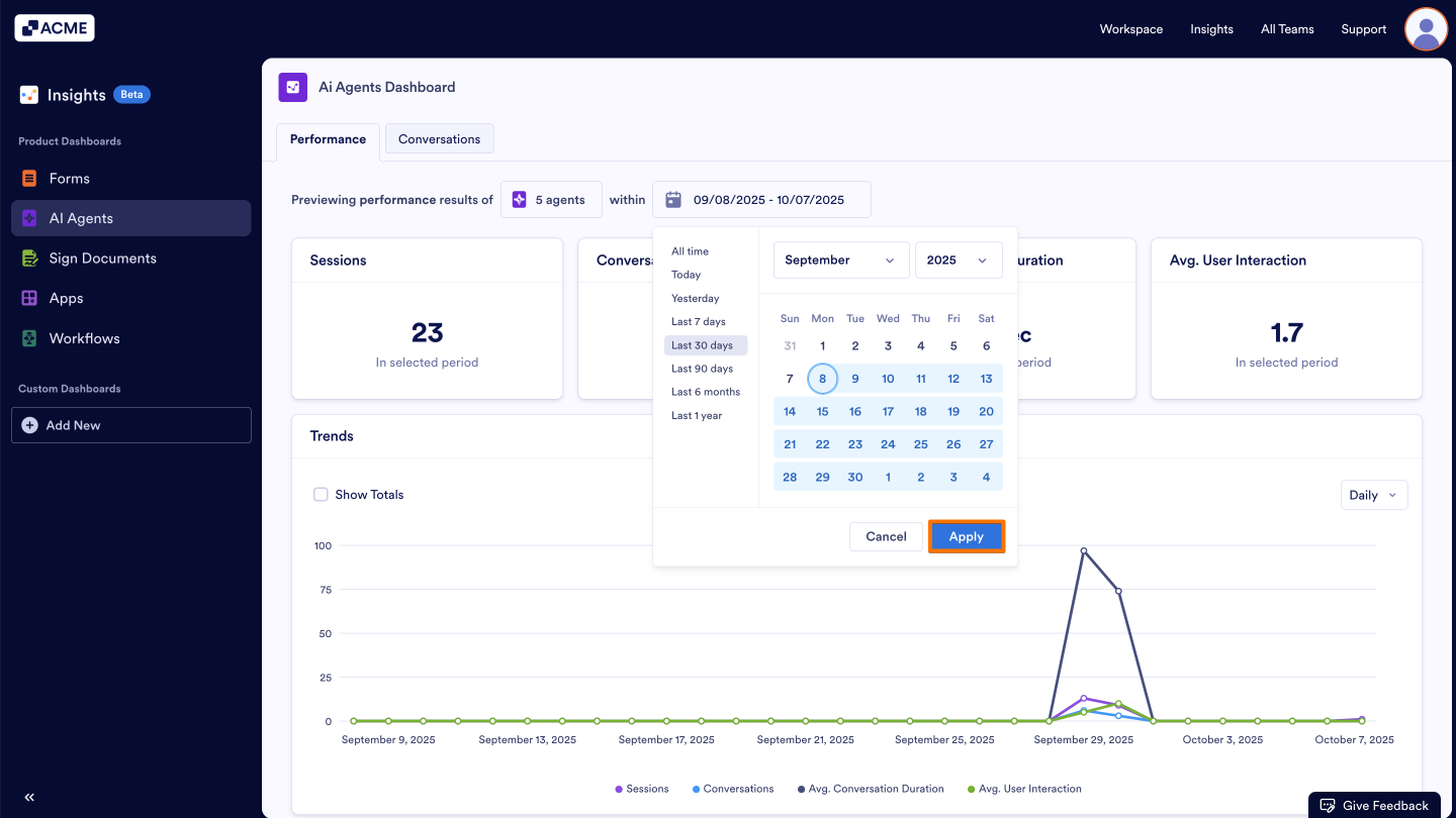 How to Filter and View AI Agent Metrics in a Specific Date Range in Insights? Image-5