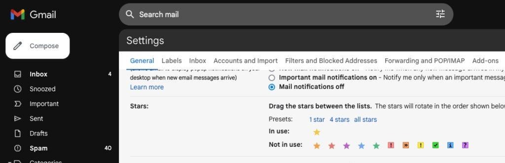 gmail stars
