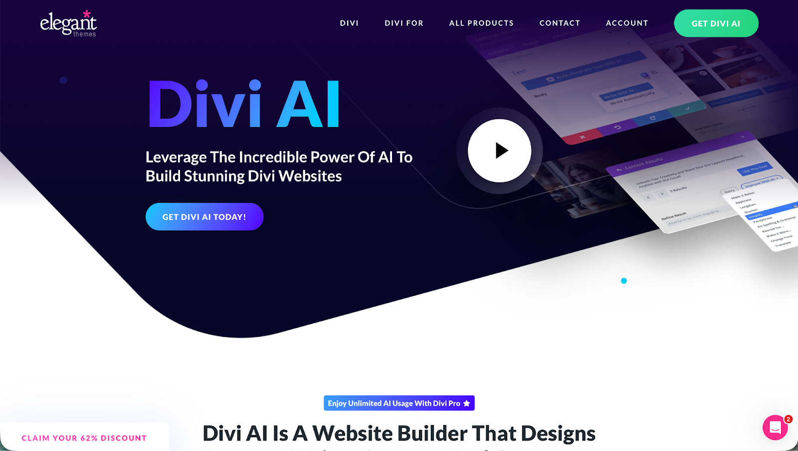 Screenshot of Divi AI website builder dashboard