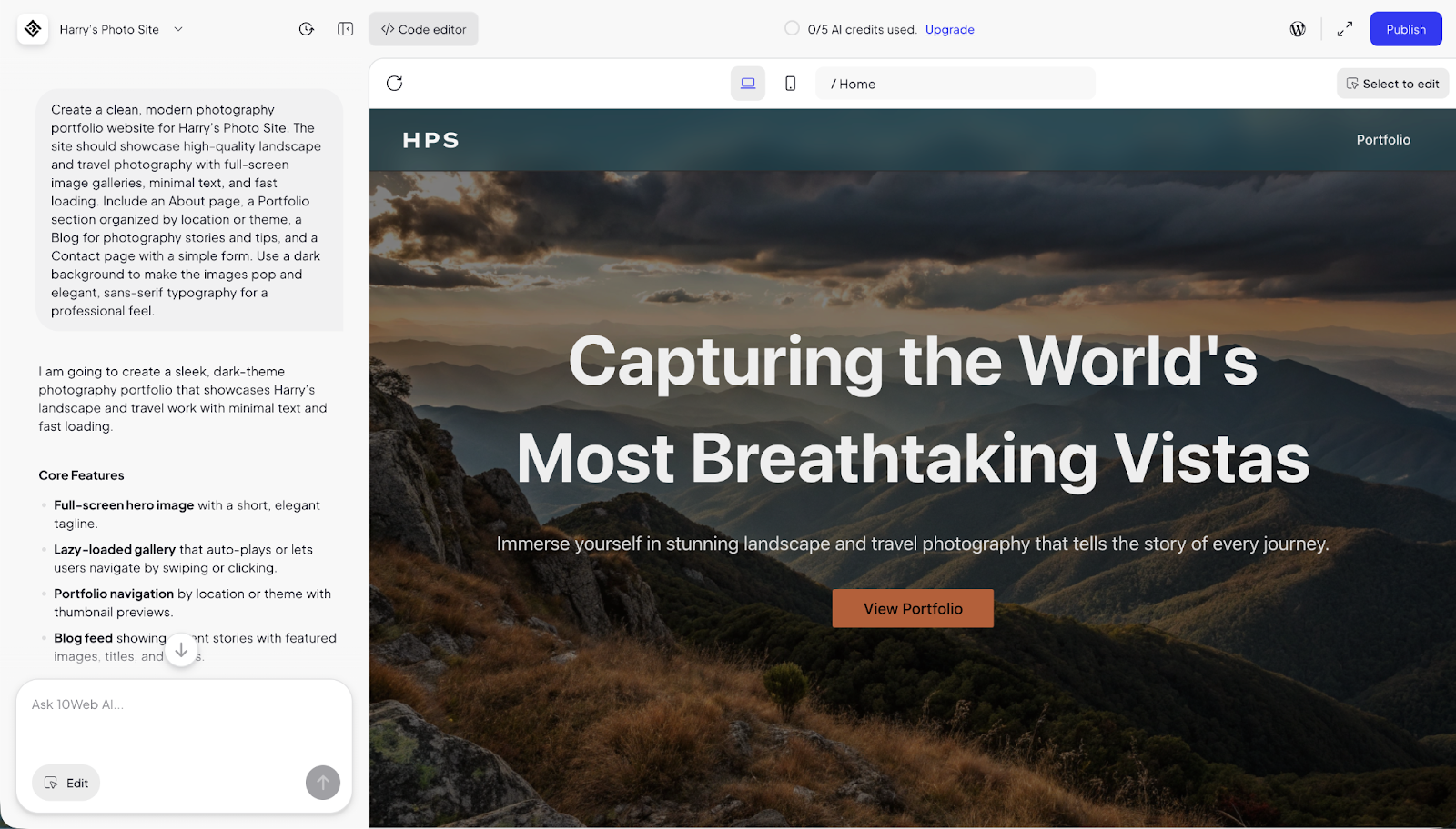 Screenshot of 10Web AI website builder dashboard