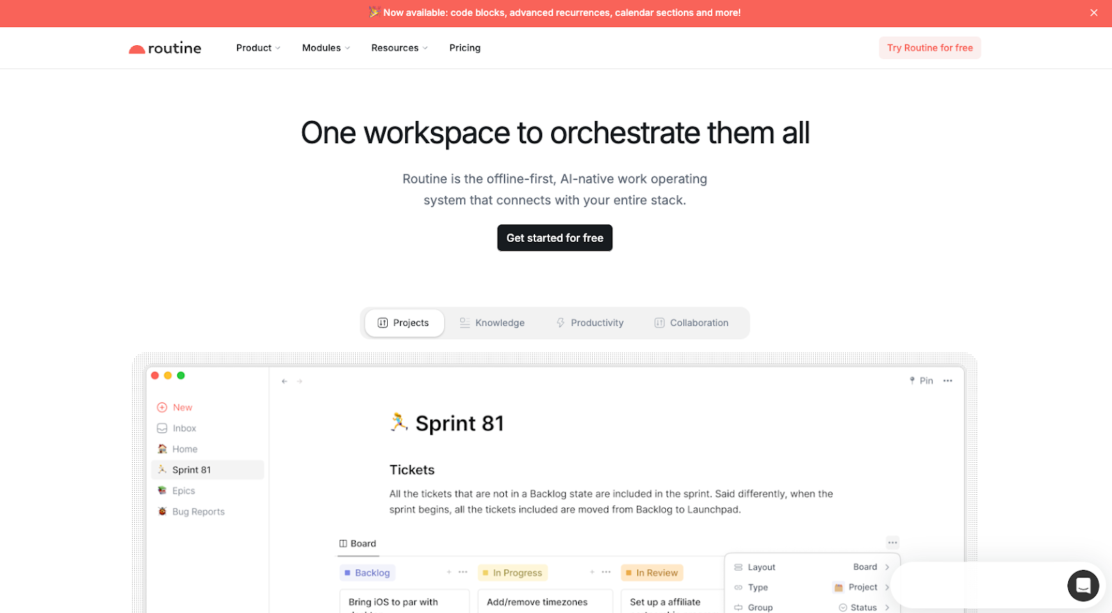screenshot of routine's website homepage with the following words one workspace to orchestrate them all