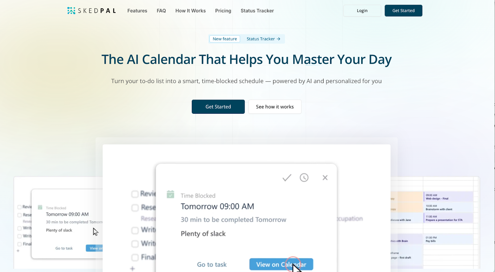 screenshot of skedpal website homepage saying the AI calendar that helps you master your day