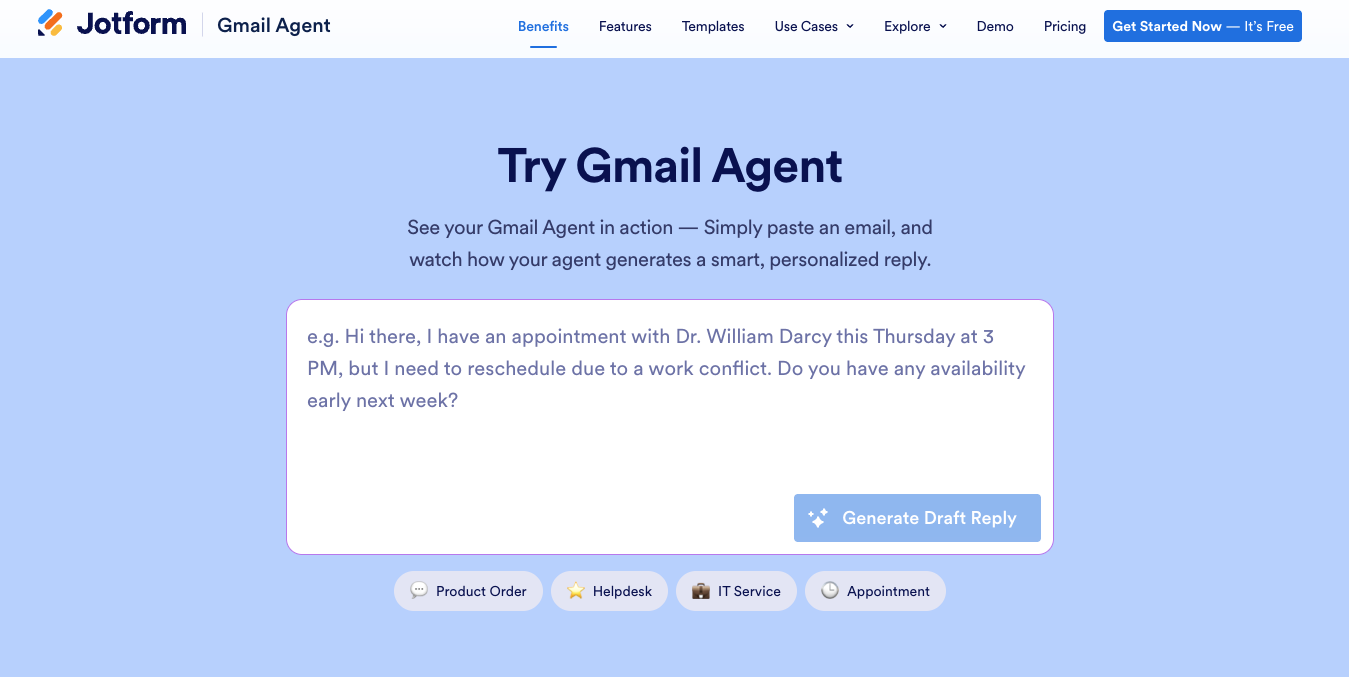 jotform gmail agent landing page showing the prompt section for the gmail agent