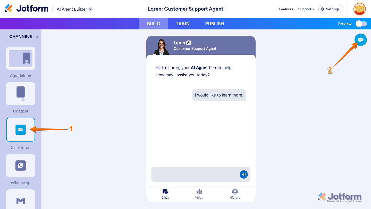 Salesforce icon in the Salesforce channel of the Build tab in Jotform AI Agent Builder