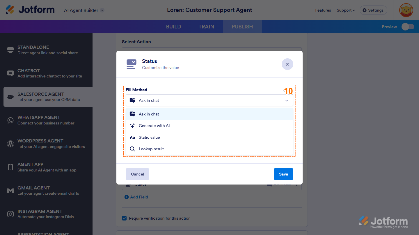 Fill Method Dropdown menu in the Action Field window of Salesforce Agent in Jotform AI Agent Builder