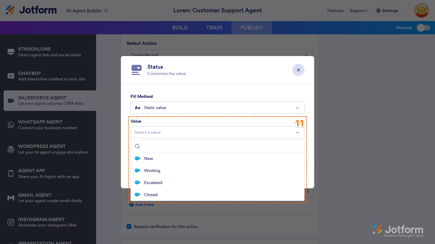 Value Dropdown menu in the Action Field window of Salesforce Agent in Jotform AI Agent Builder