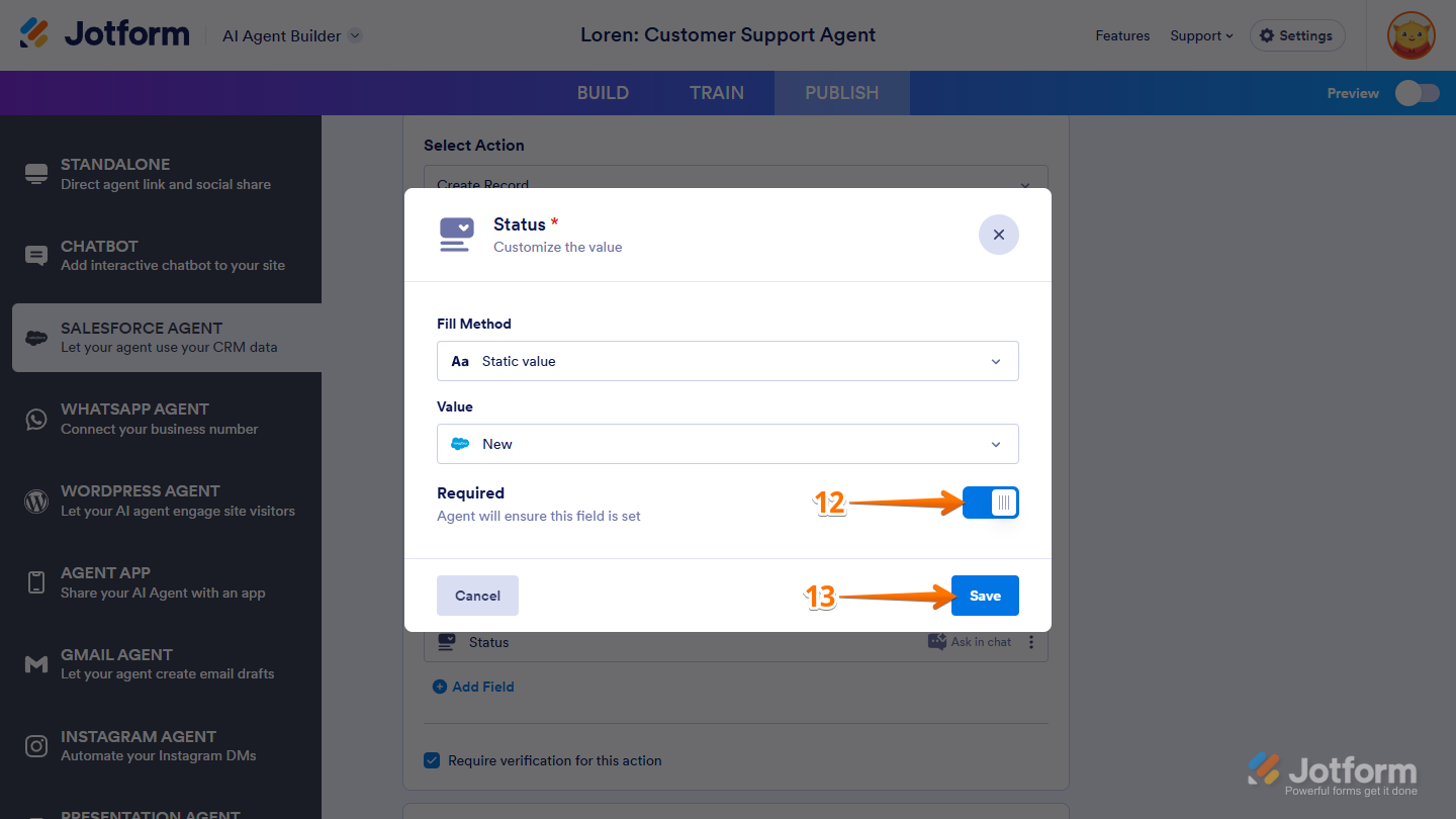 Required toggle and Save button in the Action Field window of Salesforce Agent in Jotform AI Agent Builder