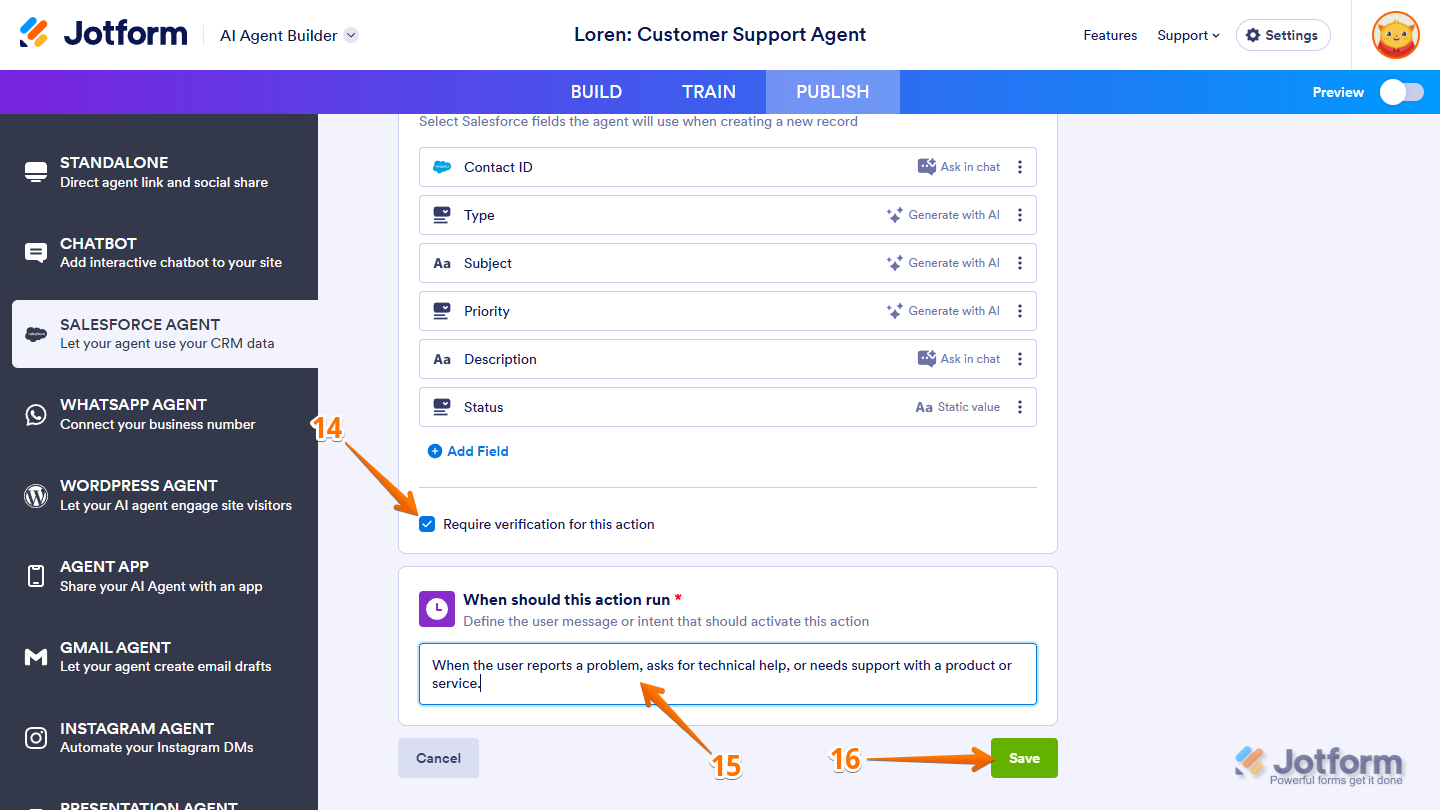 Require Notification for this Action checkbox, When Should This Action Run section Input box, and Save button of the Add Actions section in the Salesforce Agent tab under the Publish tab of Jotform AI Agent Builder