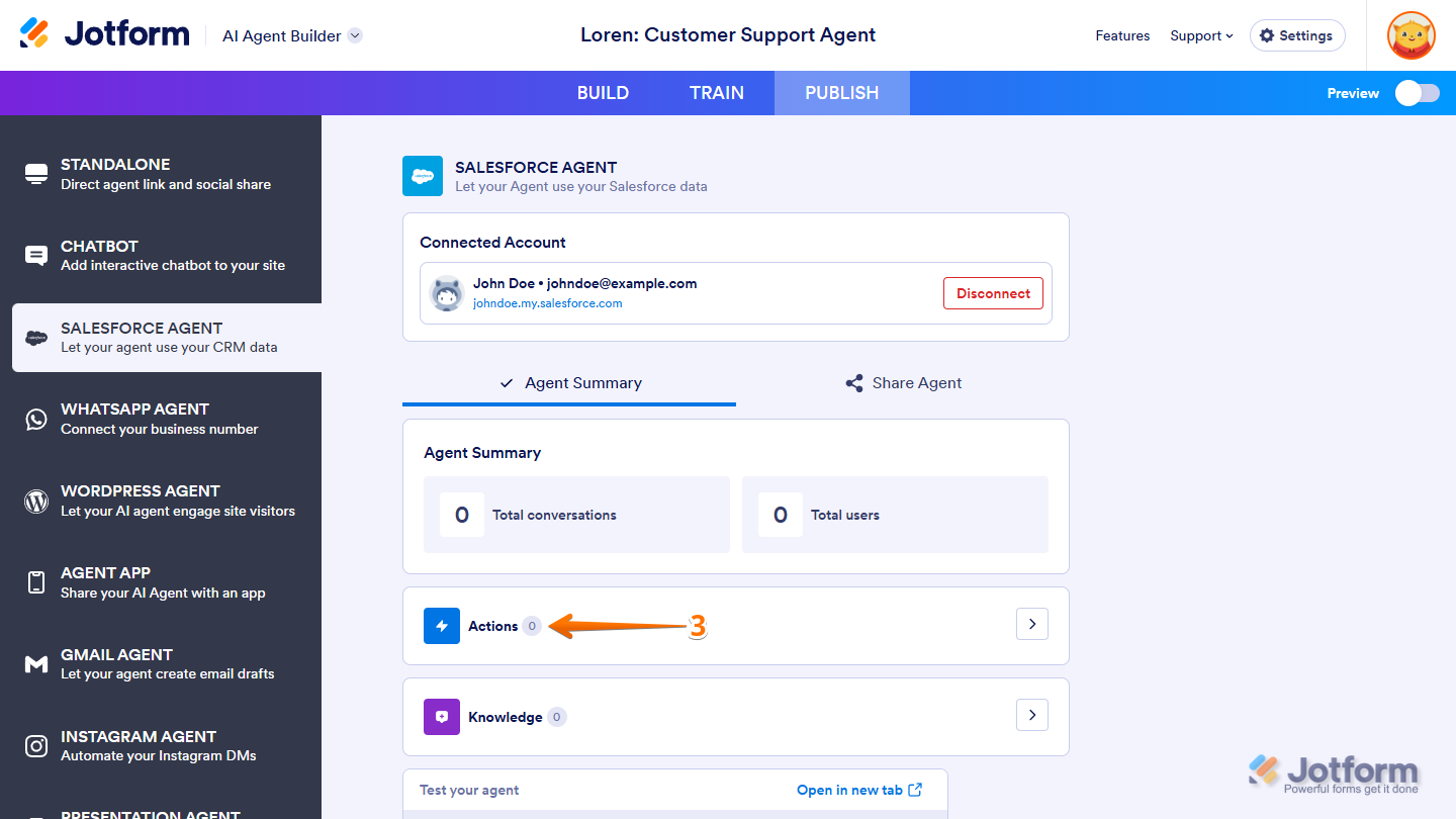 Actions button in the Salesforce Agent section of the Publish tab in Jotform AI Agent Builder
