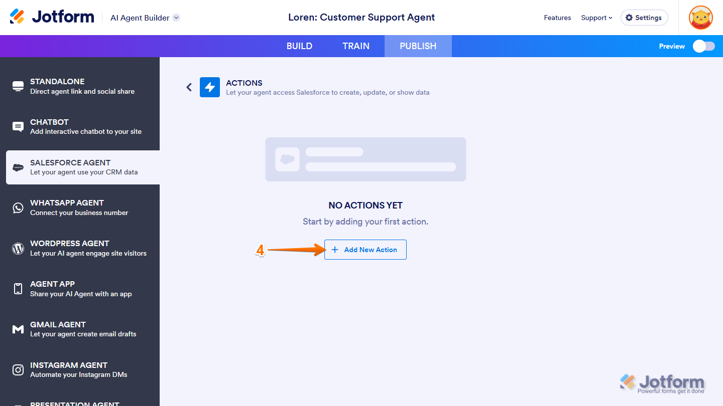 Add New Action button in the Actions section of the Salesforce Agent tab under the Publish tab of Jotform AI Agent Builder