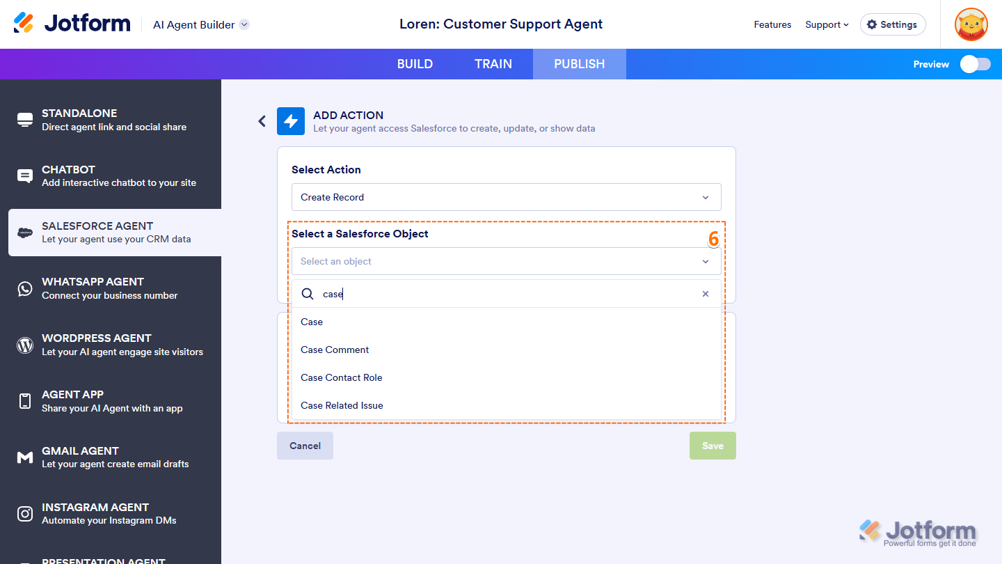 Select a Salesforce Object Dropdown menu in the Add Actions section of the Salesforce Agent tab under the Publish tab of Jotform AI Agent Builder