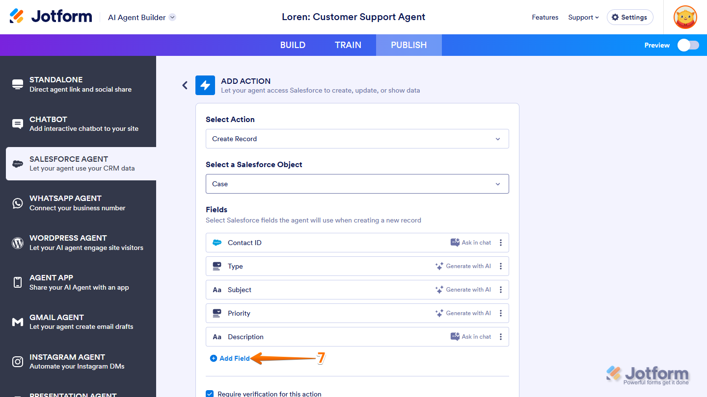 Add Field button in the Fields section of the Add Actions section in the Salesforce Agent tab under the Publish tab of Jotform AI Agent Builder
