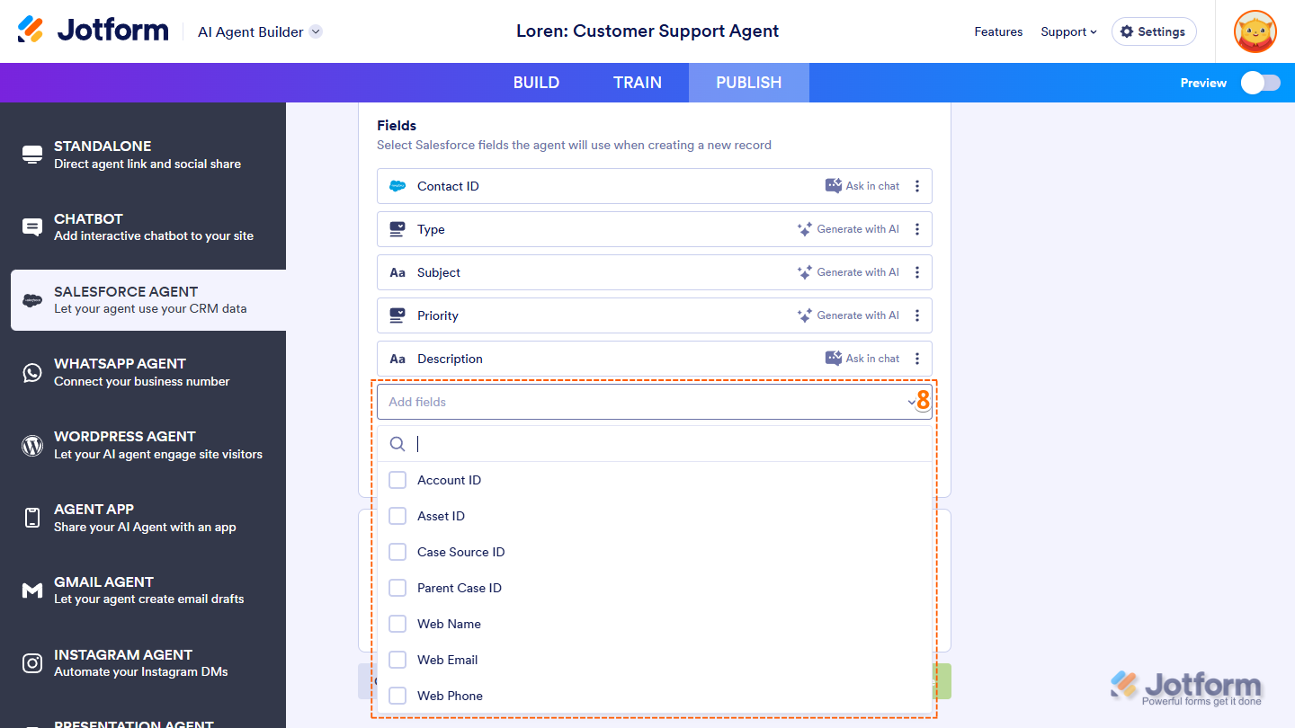 Add Fields Dropdown menu in the Fields section of the Add Actions section in the Salesforce Agent tab under the Publish tab of Jotform AI Agent Builder