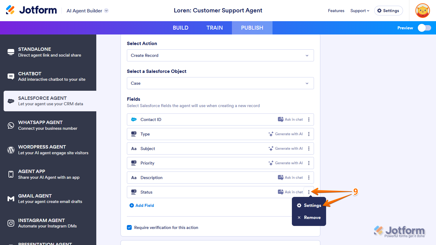 Settings option in the Fields menu of the Fields section in the Add Actions section of the Salesforce Agent tab under the Publish tab of Jotform AI Agent Builder