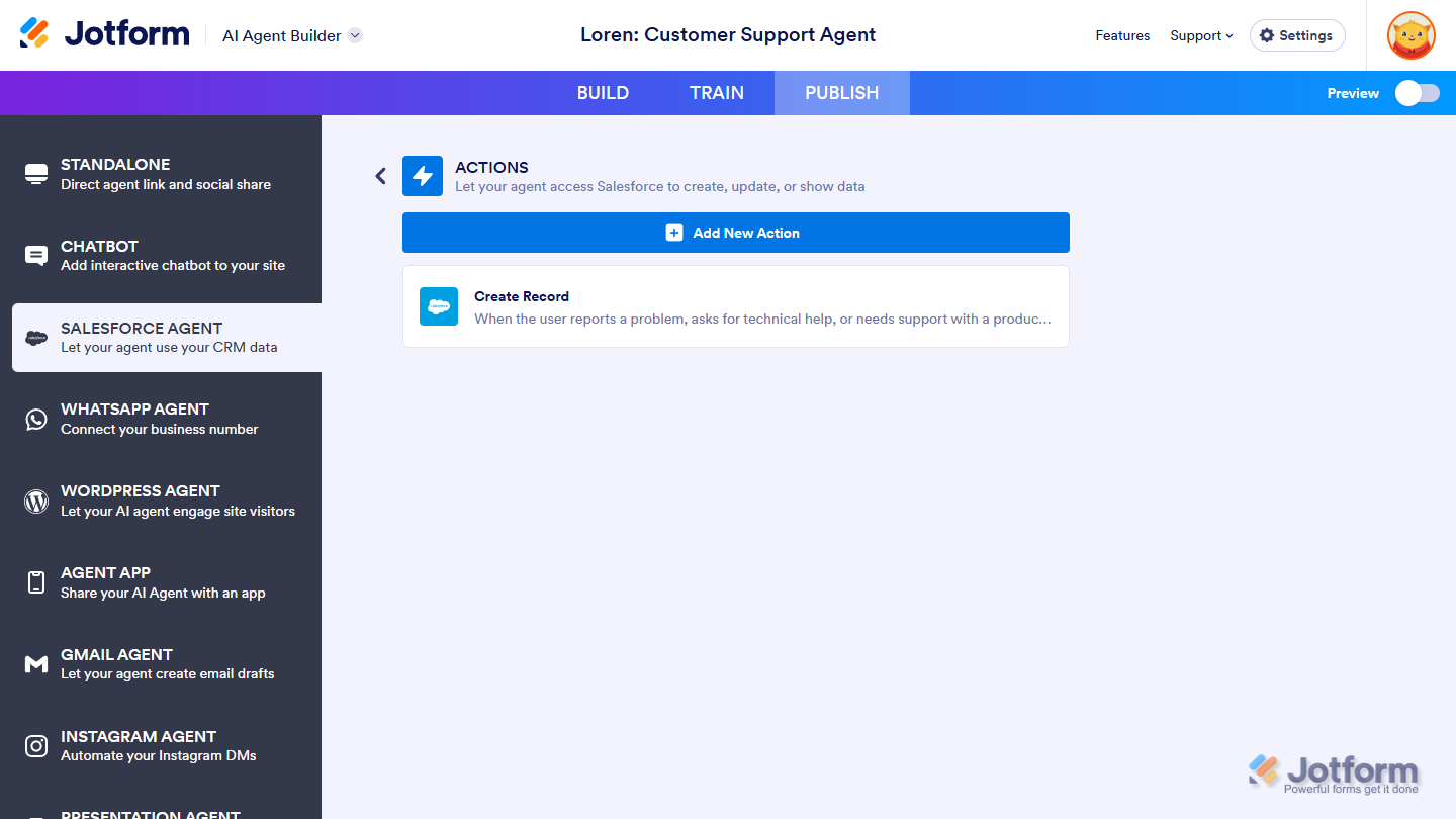New Action in the Actions section of the Salesforce Agent tab under the Publish tab of Jotform AI Agent Builder