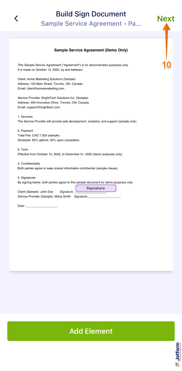 Returning to the Build Sign Document page and tapping Next after selecting a signer in the Jotform Sign Mobile App