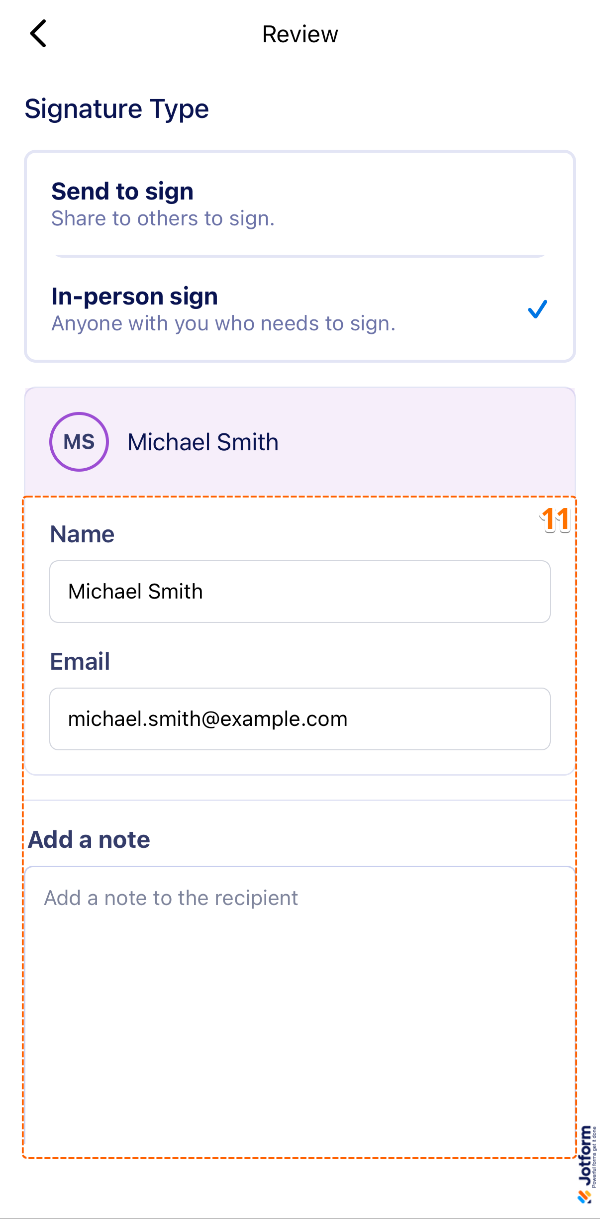 Selecting In-Person Sign in the Signature Type section and filling in email and note fields in the Jotform Sign Mobile App