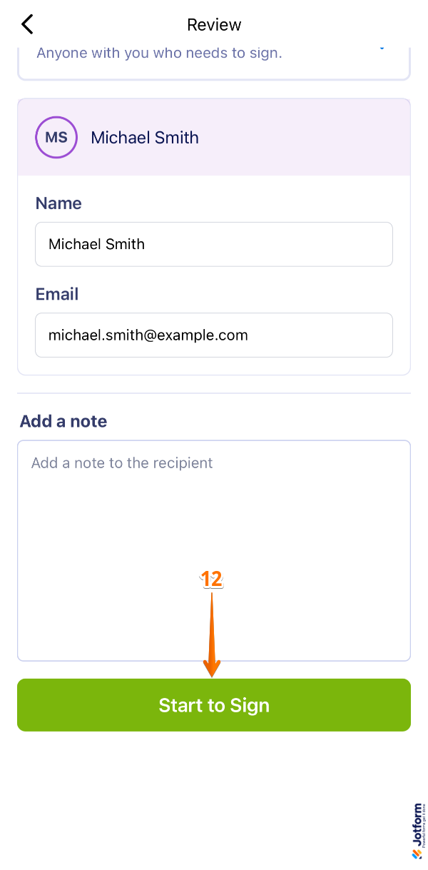 Scrolling down and tapping Start to Sign in the Jotform Sign Mobile App