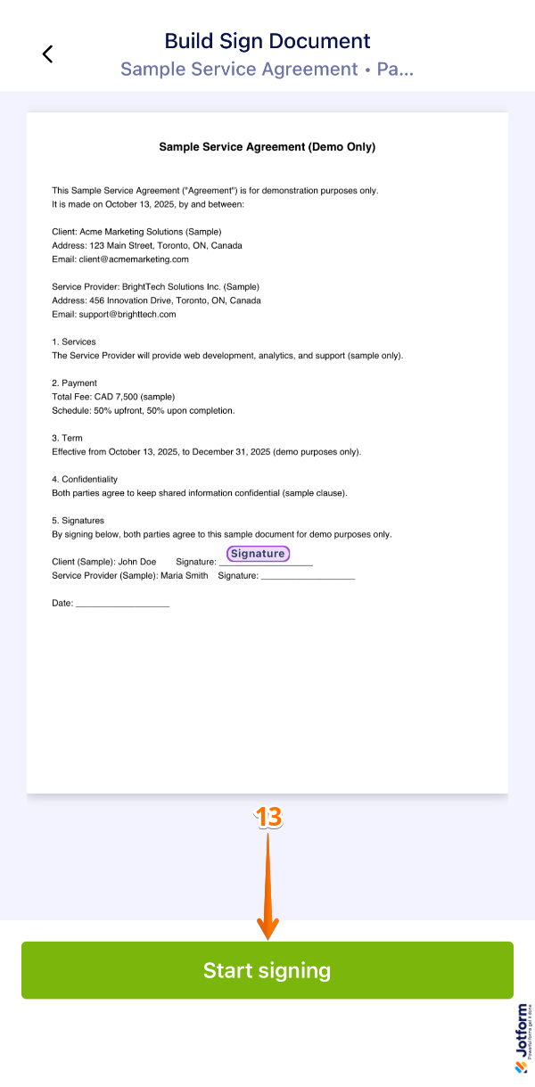 Tapping Start Signing at the bottom of the screen in the Jotform Sign Mobile App