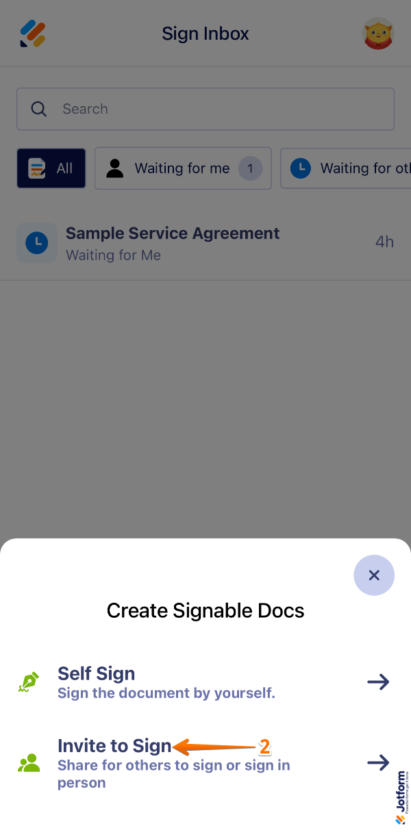 Invite to Sign option in the Create Signable Docs window in the Jotform Sign Mobile App