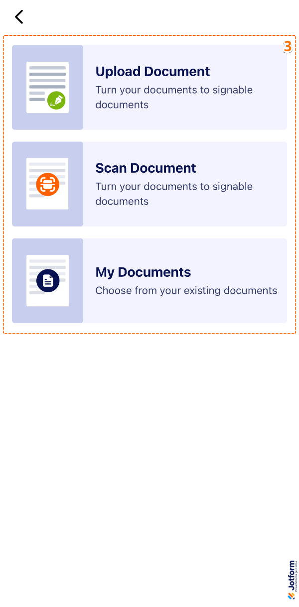 Selecting a document source in the Jotform Sign Mobile App with options to upload, scan, or choose from My Documents