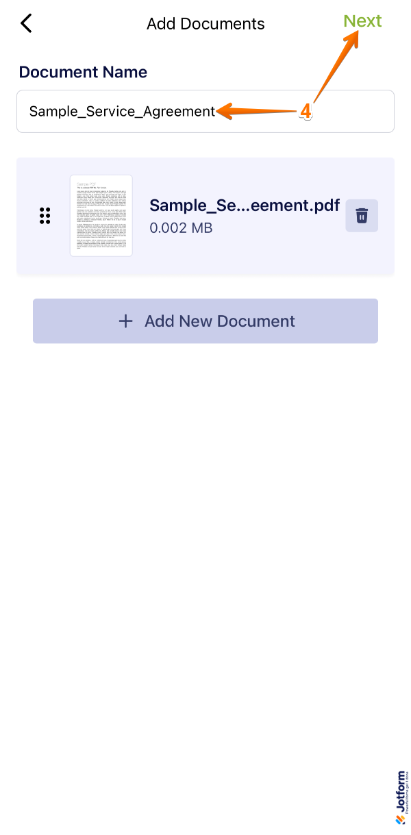 Entering a document name and tapping Next after uploading a file in the Jotform Sign Mobile App