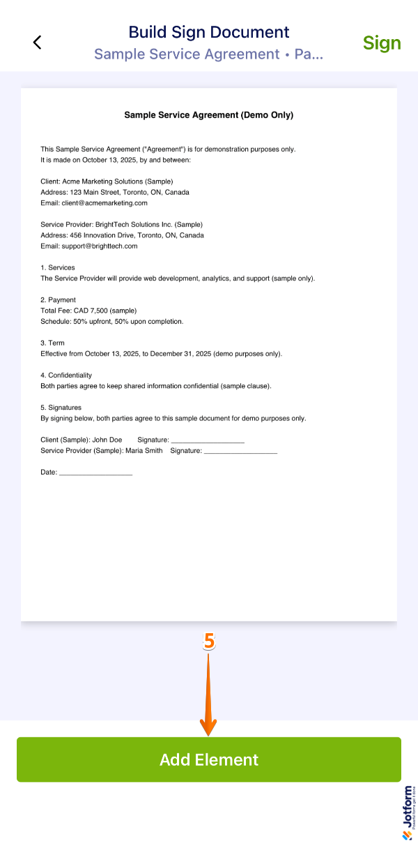 Tapping Add Element at the bottom of the screen in the Jotform Sign Mobile App