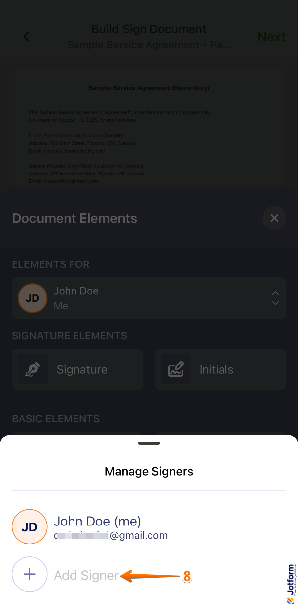 Tapping Add Signer and entering the signer’s name in the Jotform Sign Mobile App