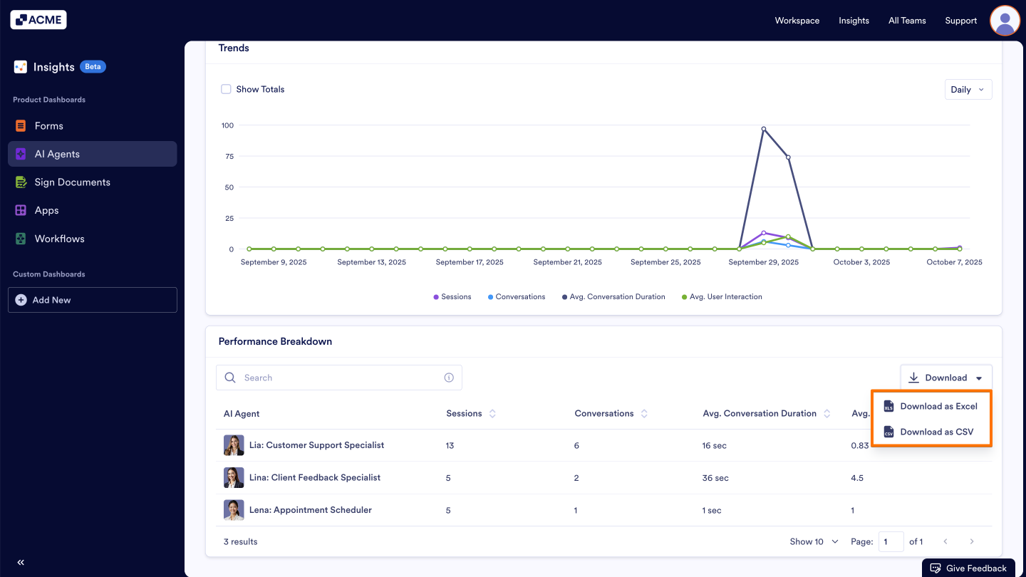 How to Download AI Agent Metrics as Excel or CSV from Insights? Image-6