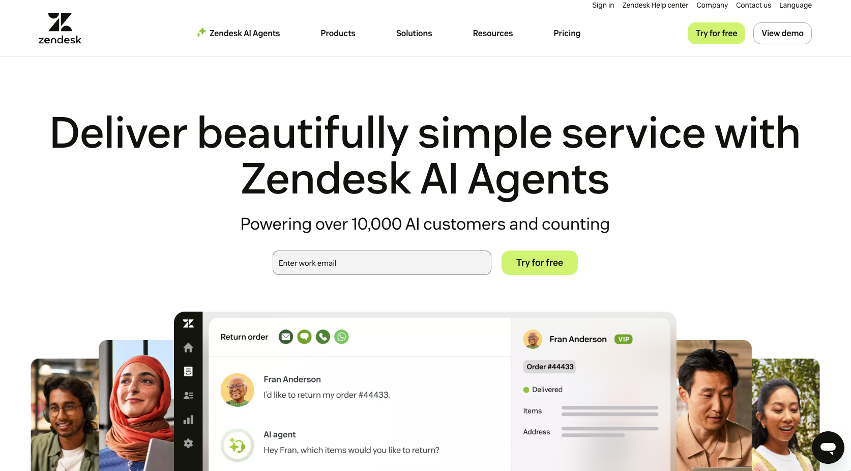 Screenshot of the Zendesk website landing page, showing a headline "Deliver beautifully simple service with Zendesk AI Agents!"