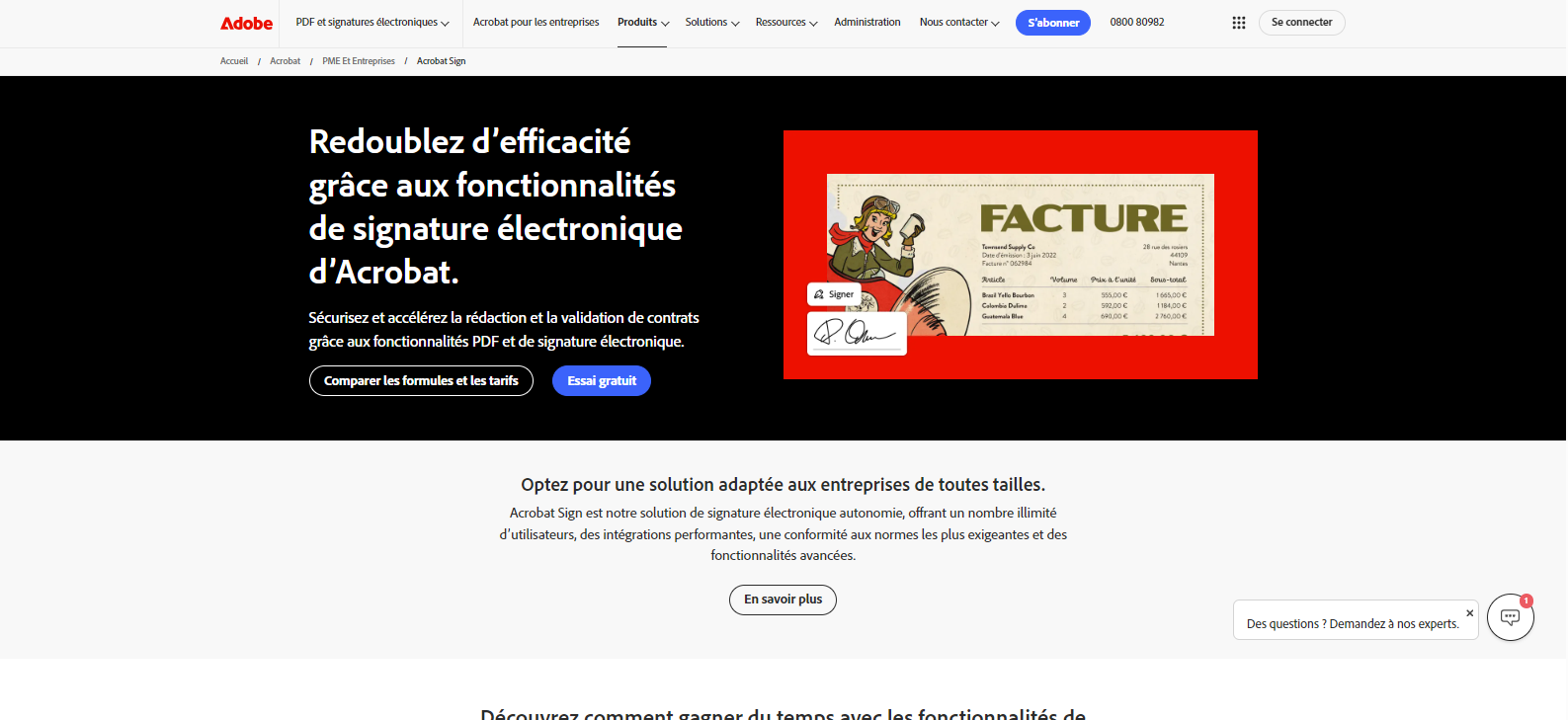 Capture d'écran de la page d'accueil du site web de Adobe Sign en français