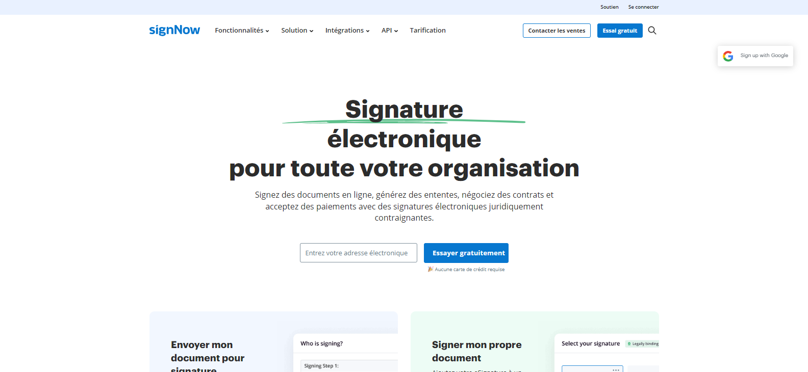 Capture d'écran de la page d'accueil du site de signNow