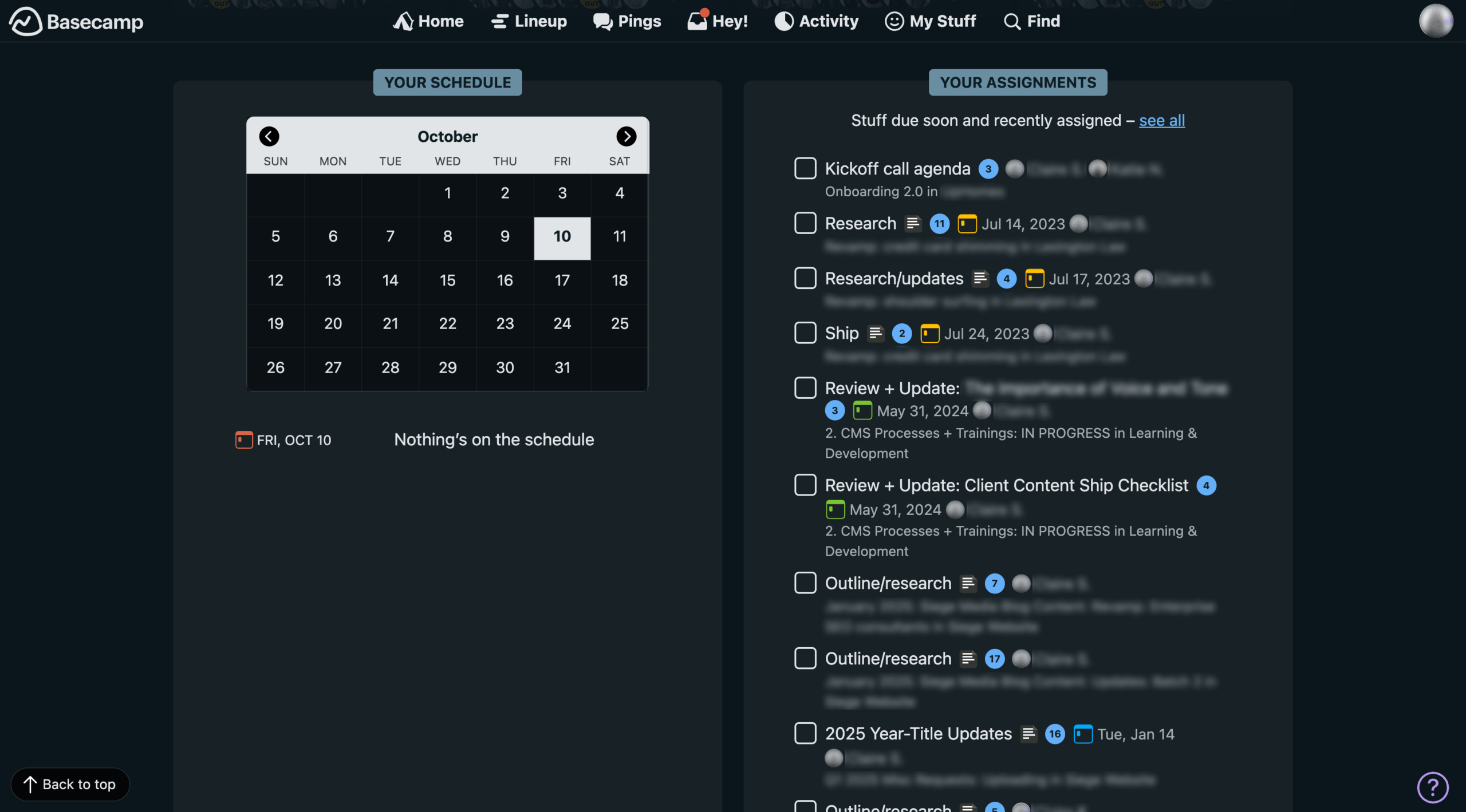 Basecamp Your Schedule and Your Assignments Lists