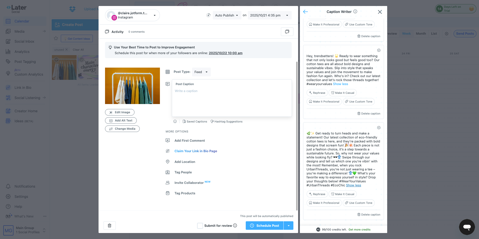 Later Post Generation and Caption Writer