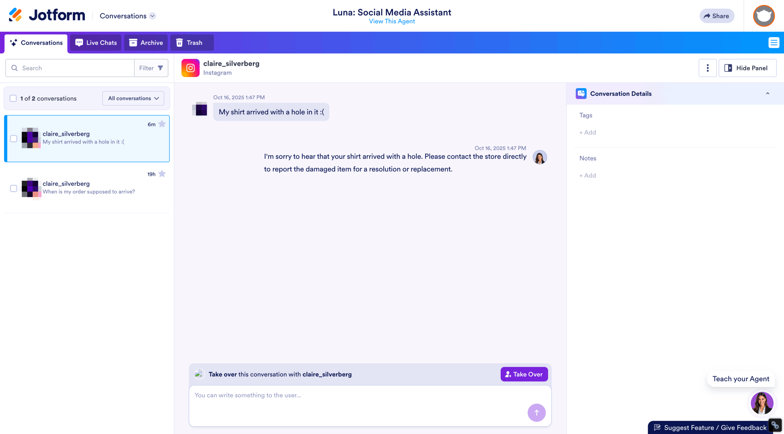 Jotform Instagram Agent Conversation Inbox
