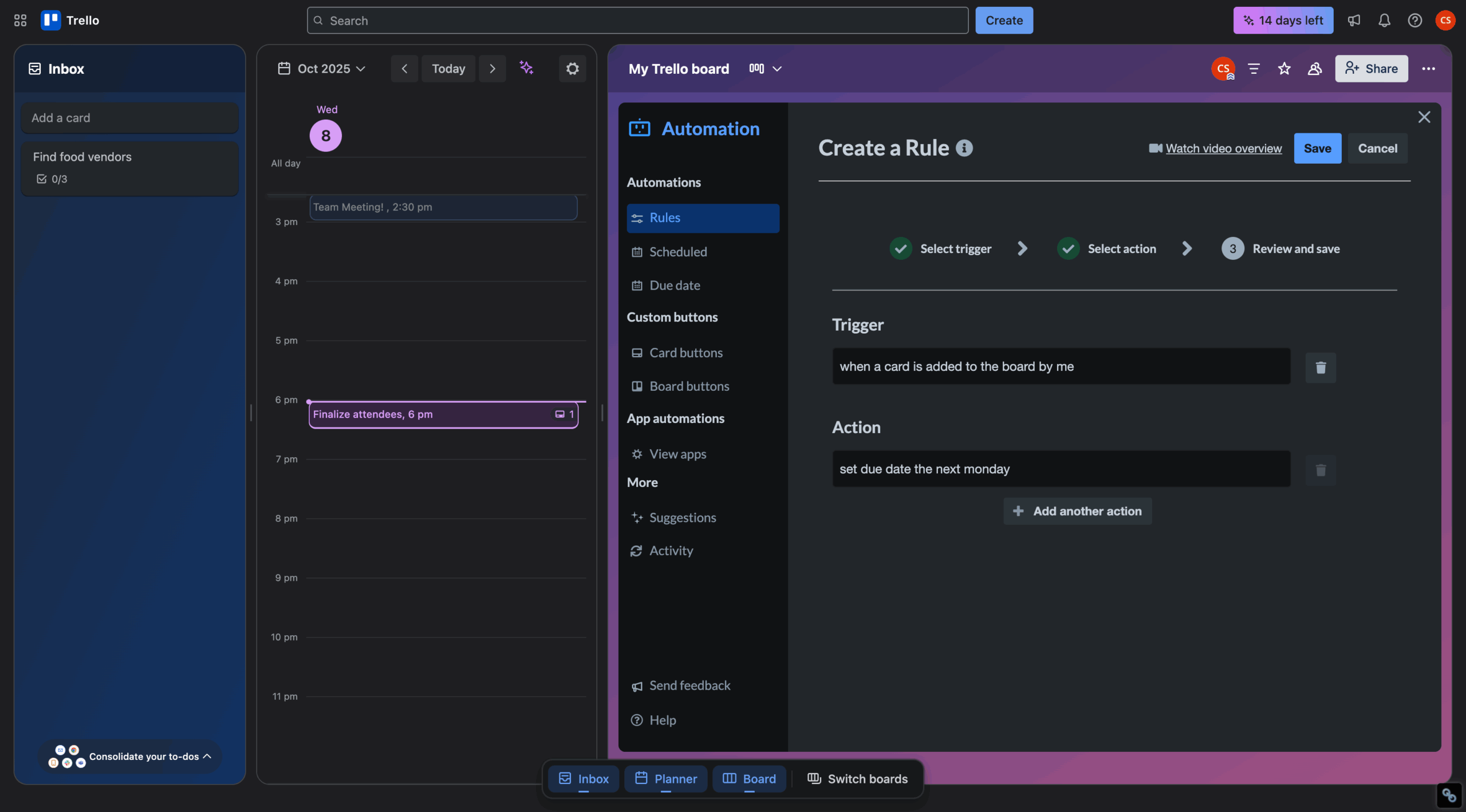Asana Task Automation Window Create a Rule Tab