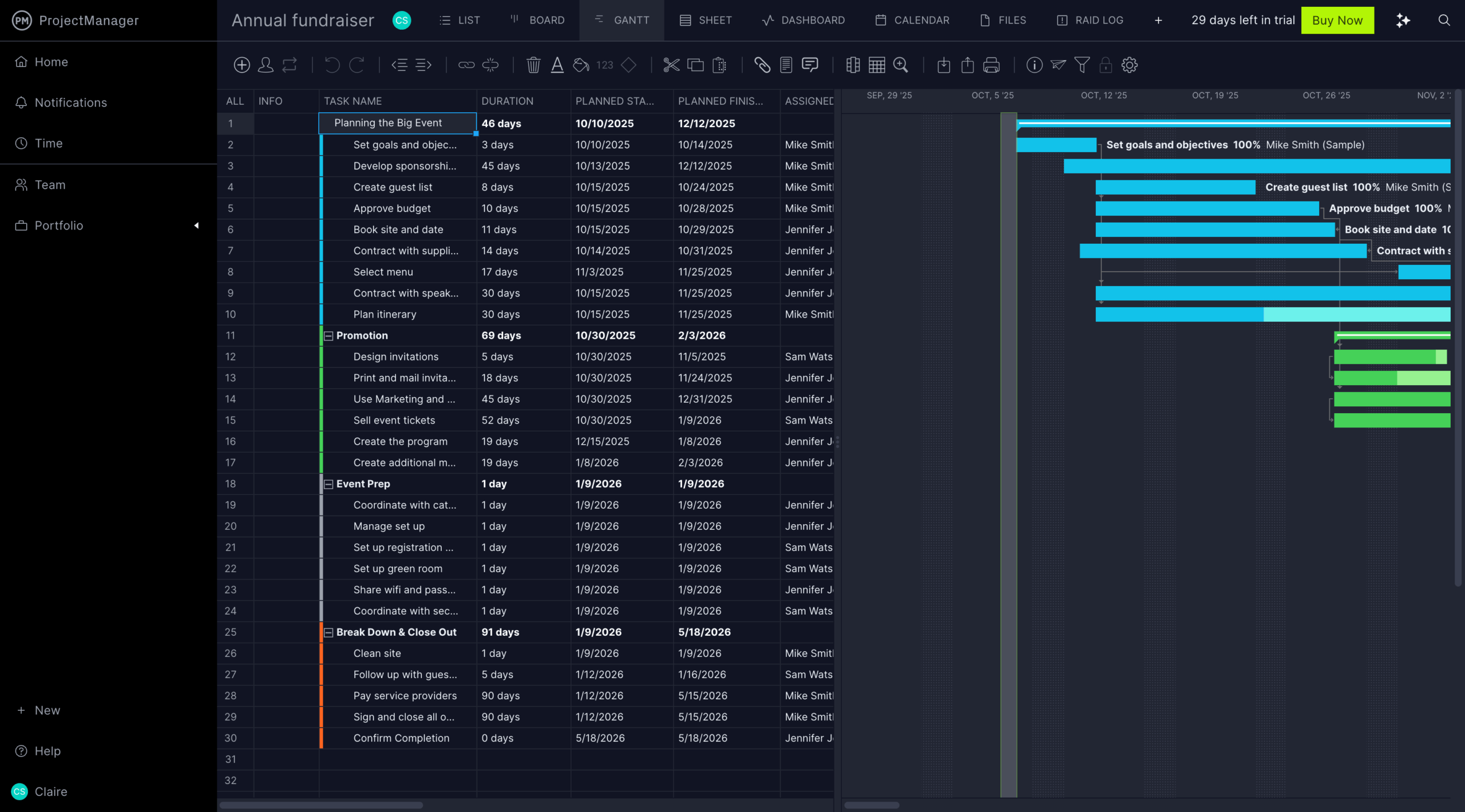 ProjectManager Task List and Calendar View